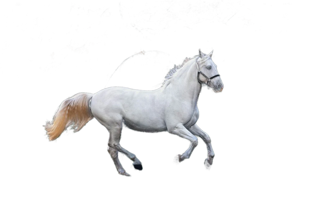 A white horse running in front of dark trees, background removed