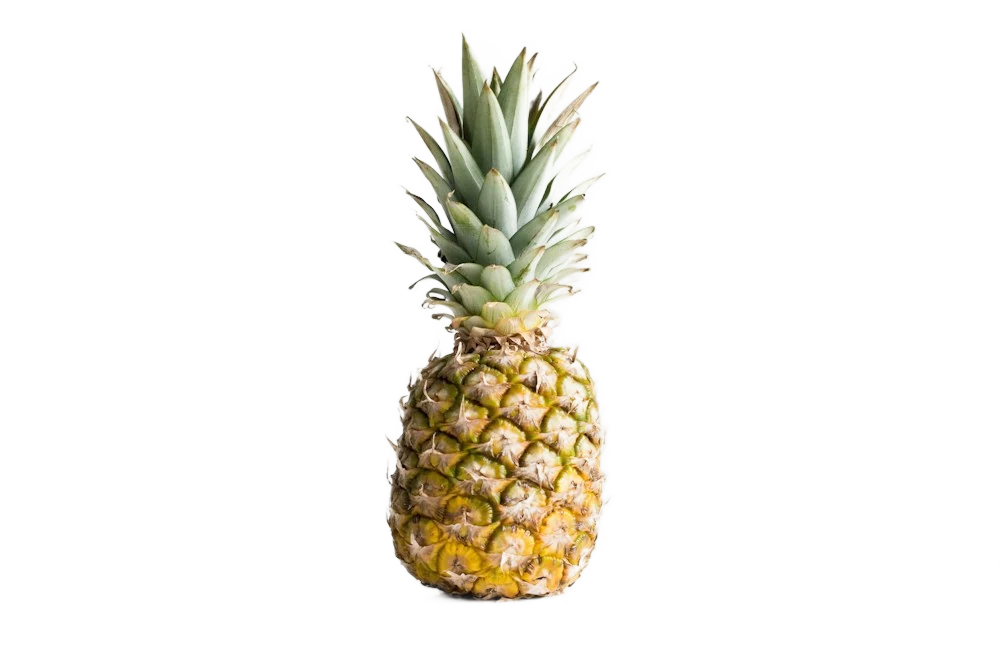 A whole pineapple with spiky green leaves on a light studio background, background removed