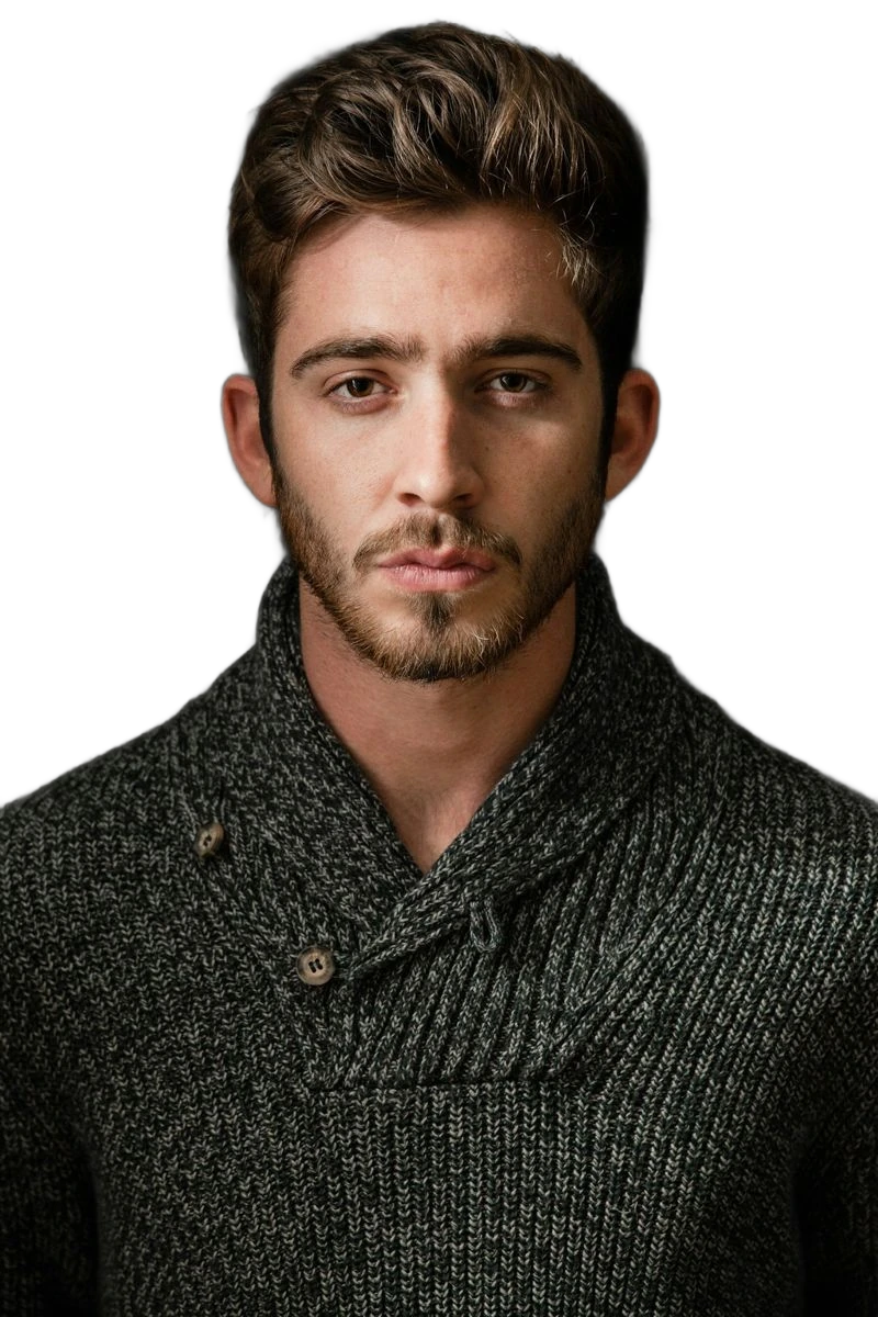 A man in a gray sweater against a dark background, background removed