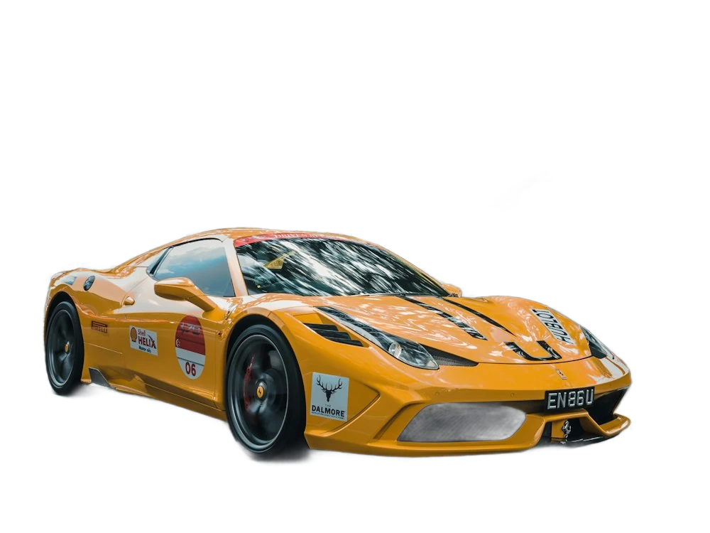 An orange sports car on a tree-lined street, background removed