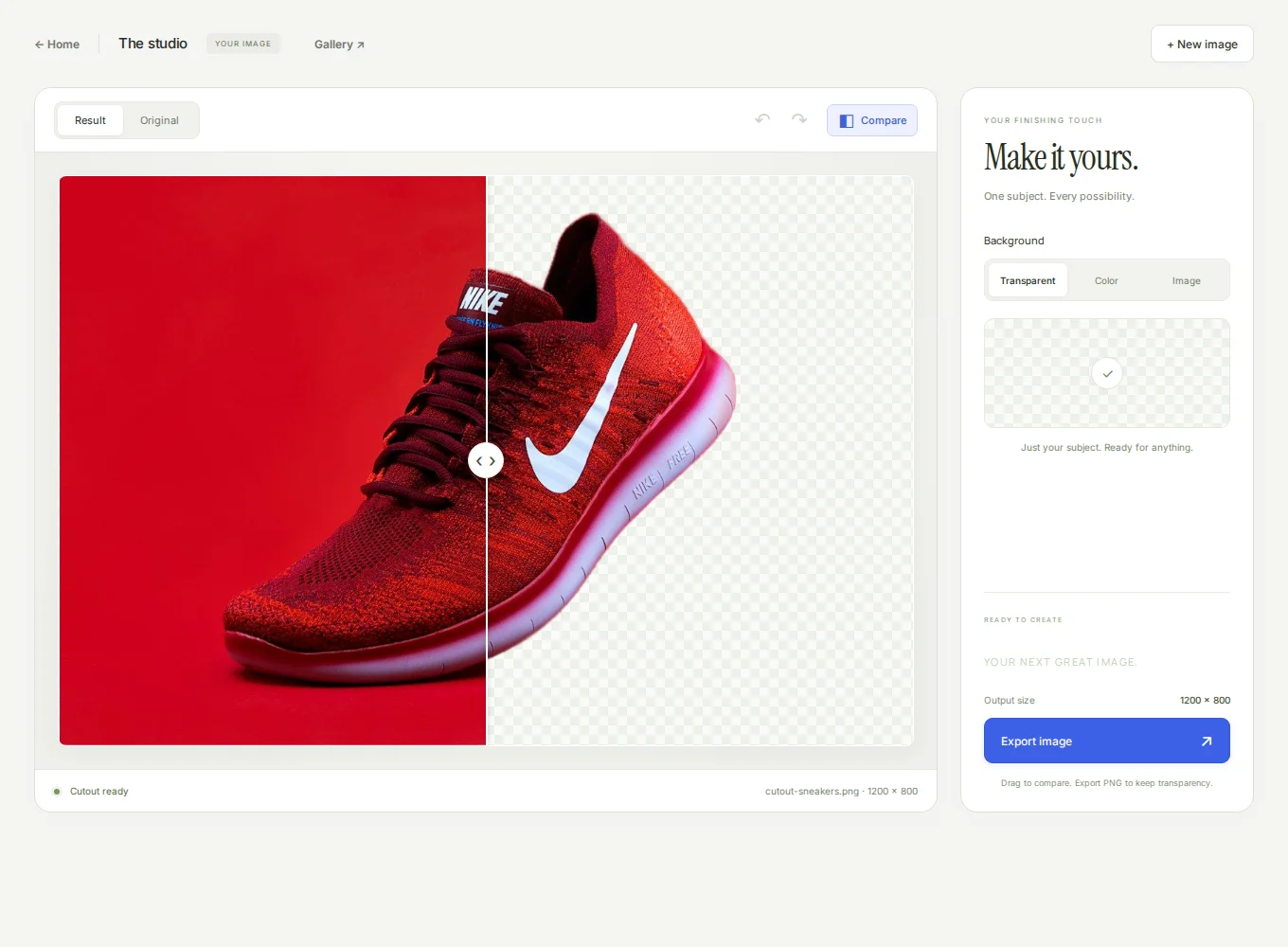 EraseBG editor after processing the shoe photo, with comparison and Transparent selected
